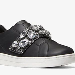 Michael Kors Kenna Leather and Jewel Embellished Glitter Sneaker- Black